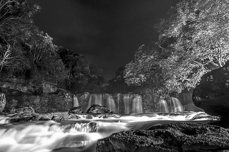 black-and-white, cascade, landscape, nature, outdoors, river, rocks