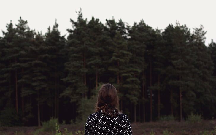 woman, white, black, top, facing, pine, trees