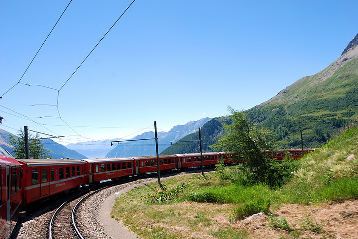 train, red, switzerland, tracks, mountains, curve
