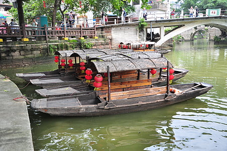 barcos chineses, barcos tradicionais, Barcos, embarcação náutica, Rio, culturas, canal