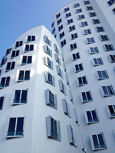 Düsseldorf hafen, arquitetura, céu, azul, janela emitida