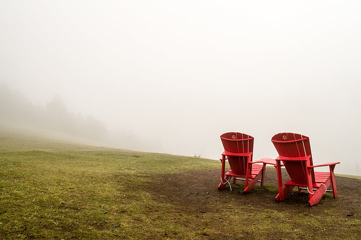 dos, vermell, Adirondack, cadires, muntanya, part superior, boira