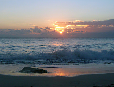 Ocean, vågor, solnedgång, stranden, havet, vatten, tidvatten