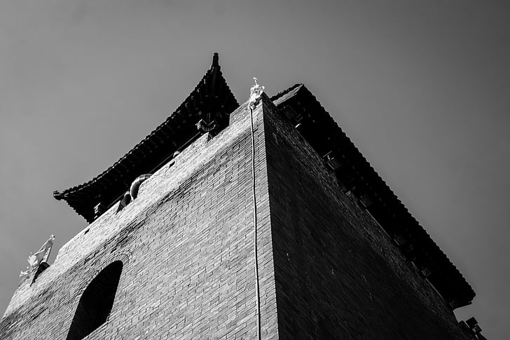 noir et blanc, architecture antique, Chine