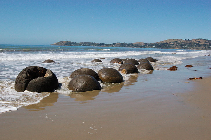 głazy, Moeraki, Koekohe beach, morze, Natura, skały, Nowa Zelandia