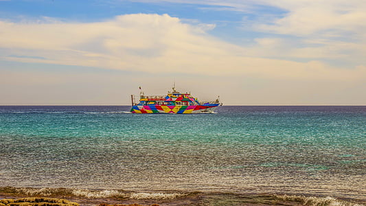boat, sea, horizon, colorful, cruise boat, vessel, cyprus