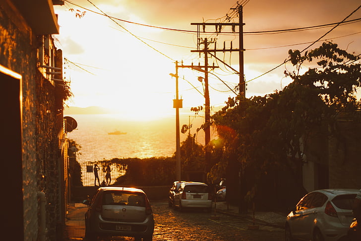 Straat, zonsondergang, een auto huren, Sol