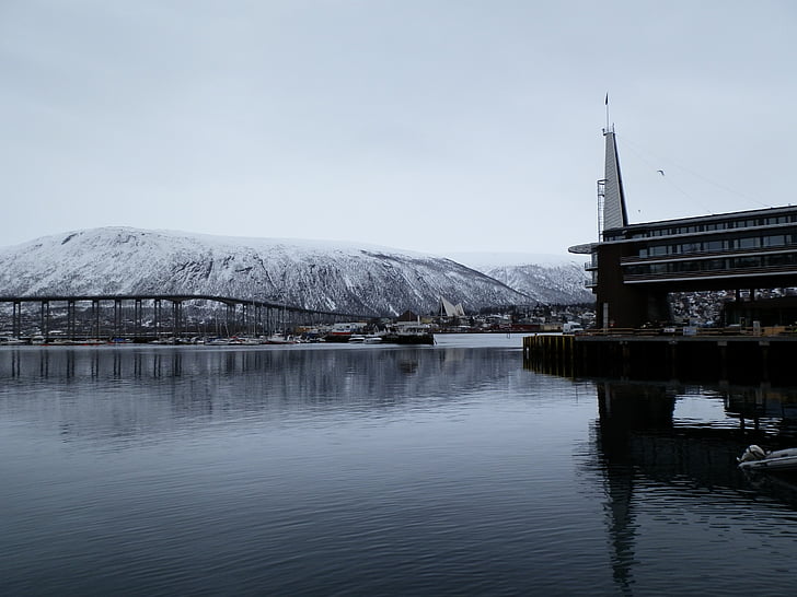 hó, Tromsø, Norvégia, építészet, víz, tó