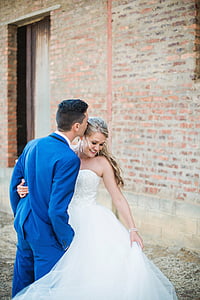 bröllop, Kärlek, blå tux, vit klänning, brudgummen, äktenskap, bruden
