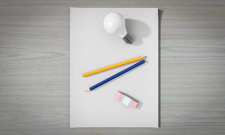 myšlienka, prázdne, papier, pero, žiarovka, nie, tvorivosť