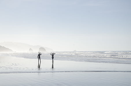 dos, persona, llevar, Blanco, tabla de surf, caminando, orilla del mar