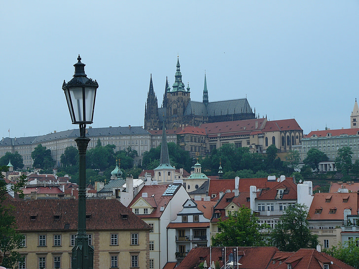katedrala, Praga, pogledom na mesto, luč, mesto, strehe