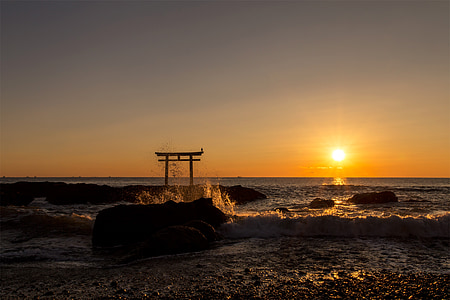sjøen, soloppgang, bølge, morgen, hav, Torii, oransje