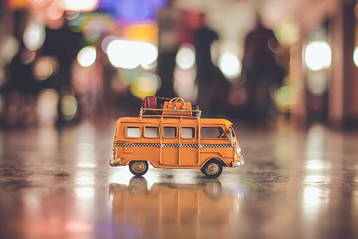 Buss, fordon, leksak, resor, reflektion, oskärpa, bokeh