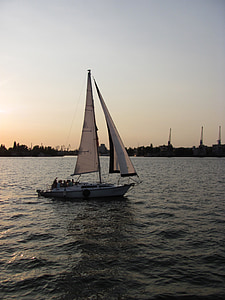 sailboat, water, small river, river, quiet river, sky, nature