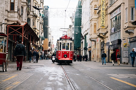 white, red, tram, people, walking, street, daytime