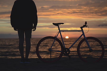 beach, bicycle, bike, ocean, outdoors, person, sea