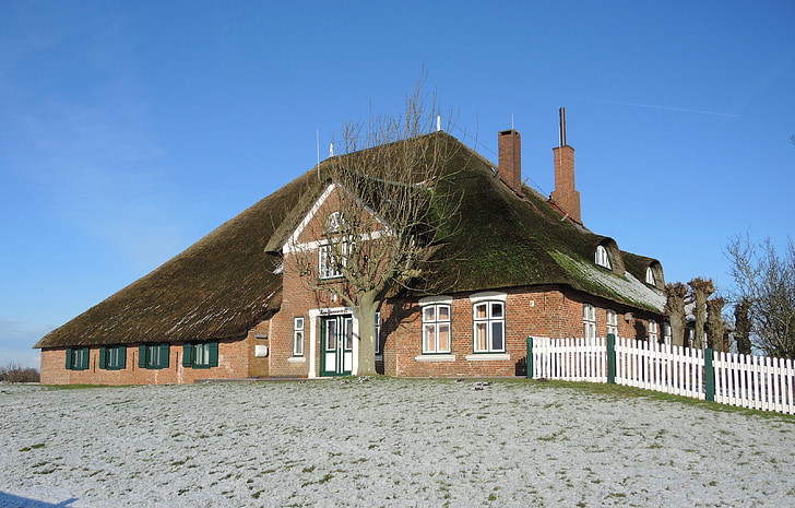 haubarg, žiemą, thatched stogai, eiderstedt
