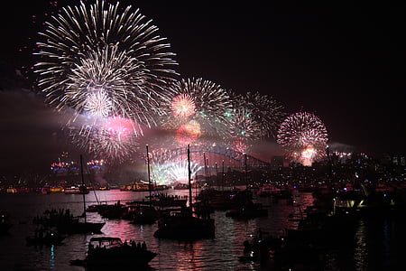 Sydney, Yeni yıl arifesi, havai fişek, akşam, gece, liman, Renkler