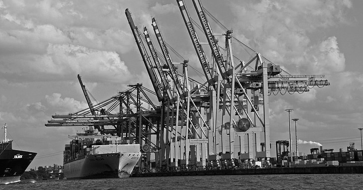 haven van Hamburg, container, vrachtschip, containerschip, container handling, brug containervracht