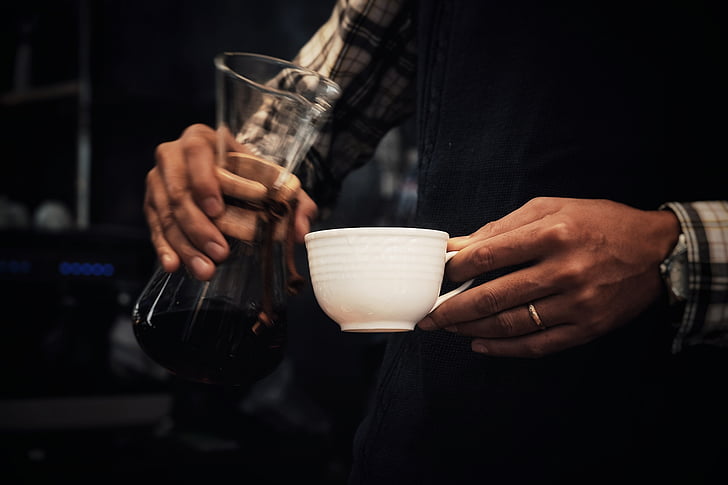 cafè, cafeïna, calenta, tassa, blanc, persones, mà