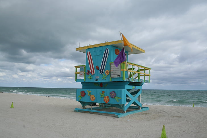 Strand, Stühle, Bay watch, Miami beach, Florida, am Wasser, Skyline