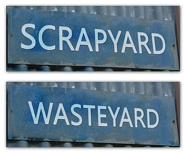junkyard, car cemetery, scrap, note, board, shield, labeled