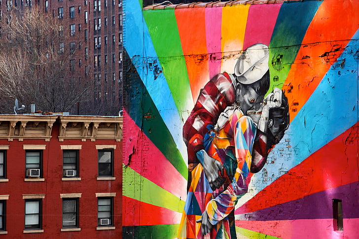 l'amor, petó, urbà, graffiti, Highline, Manhattan, art de carrer