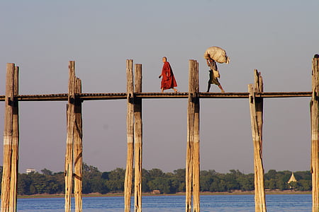 Birmânia, Myanmar, ponte de perna de u, monge, paisagem, mar, vida selvagem animal