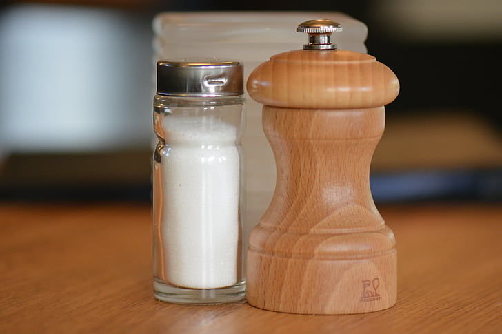 salt shaker, pepper mill, pepper and salt