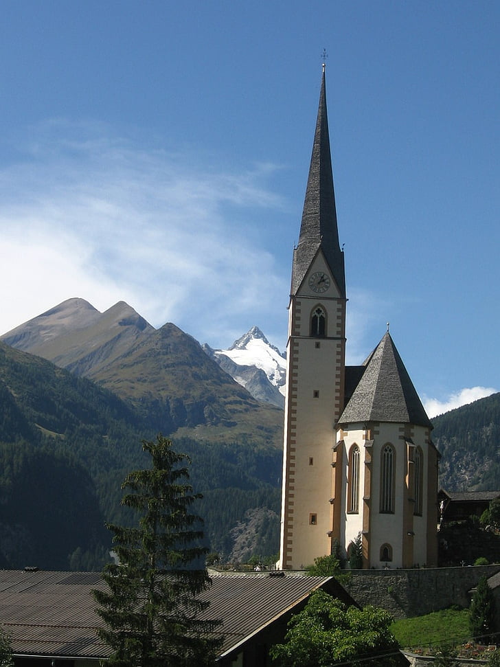 church, mountains, holy blood, grossglockner, steeple, carinthia, alpine