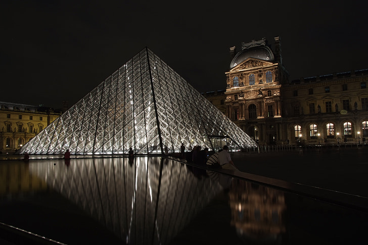 Louvre, nat, Frankrig, berømte, aften, monument, bybilledet