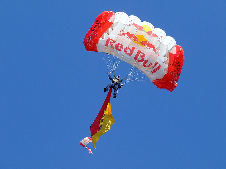 parachutespringen, Red bull, Parachute, Skydive, vliegen, vlucht, vlag