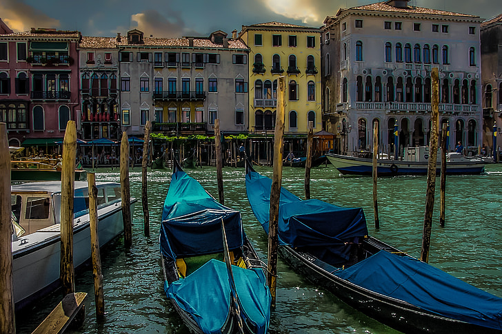 Venecia, veneciano, noche, luz de la luna, góndola, canal, Italia