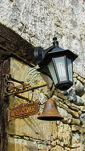 rètol de benvinguda, signe, campana, Làmpada, rústic, taverna, salutació