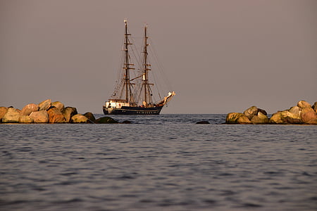 sea, ship, sail, evening sun, water, boot, sailing vessel