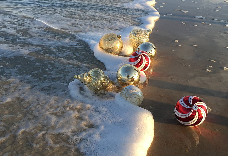 beach, christmas, ornaments, holiday, christmas beach, red, festive