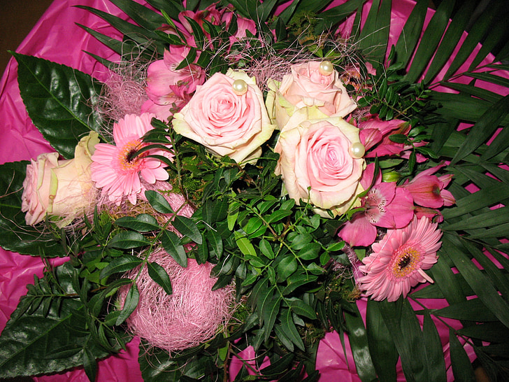 kimppu, kukat, ruusut, Gerbera, vihreä, vaaleanpunainen, ruusu kukkii