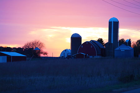 gård, jordbruksmark, solnedgång, jordbruk, landskap, Wisconsin, nya richmond