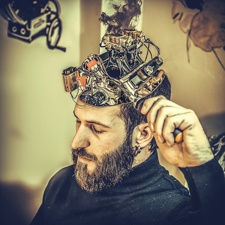 mecànica, cervell, home, màquina, manipulació, barba, només un home