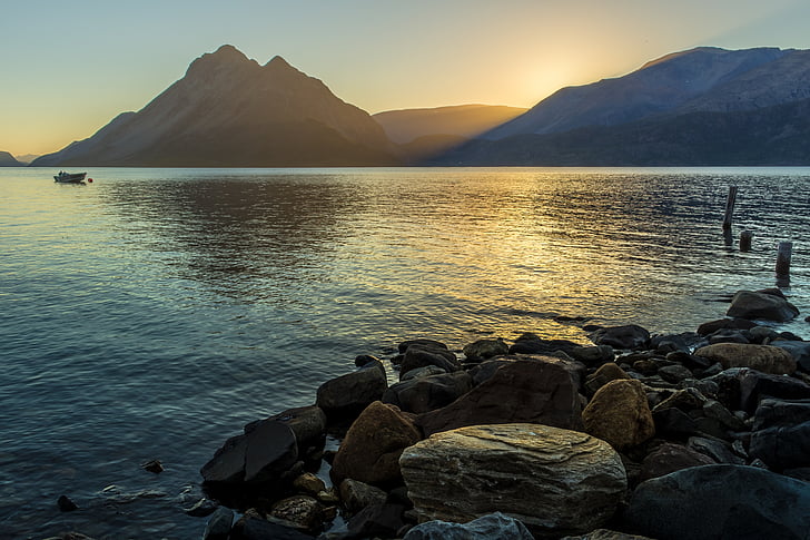 tranquilité, soleil de minuit, fjord, Norvège, paysage, la nature de la, eau