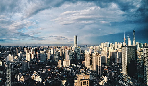 Shanghai, La fenêtre, jours ensoleillés, ville, paysage urbain, gratte-ciel, architecture