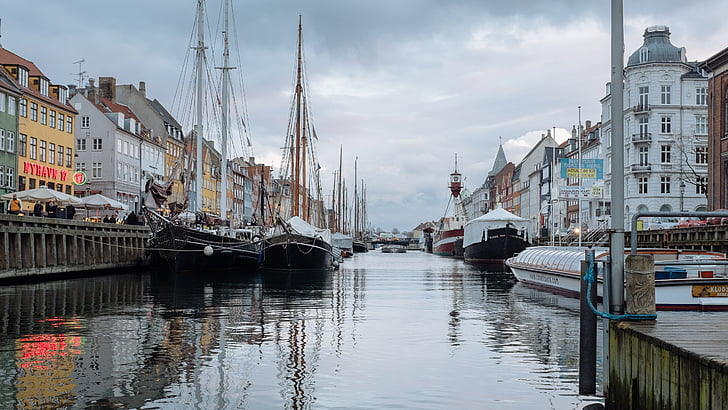 Копенхаген, лодки, река, вода, град, канал