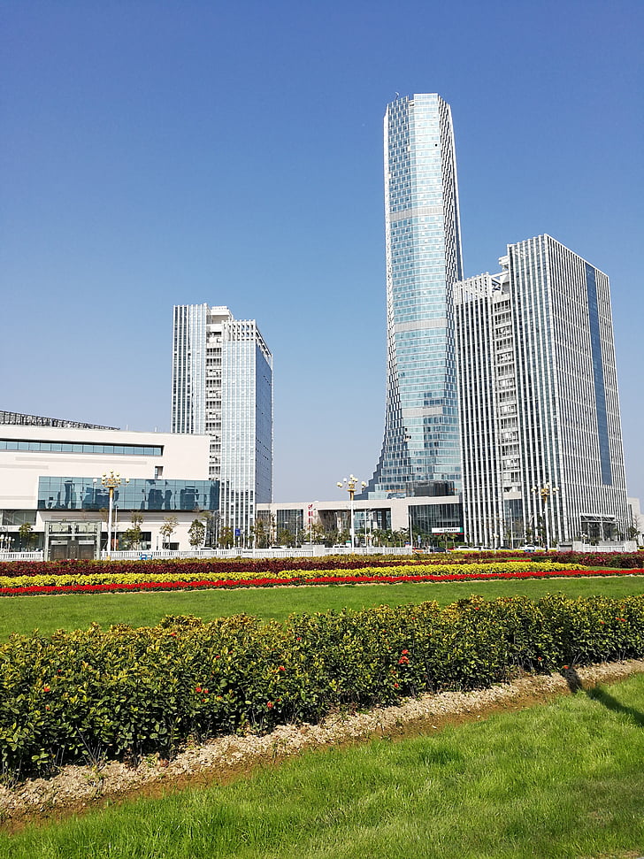 city, tall buildings, building, park, office space, business, sunny