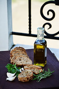 food, olive oil, garlic, table, board, outdoor, mediterranean