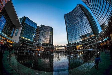 buildings, city, fountain, reflection, wide angle photography