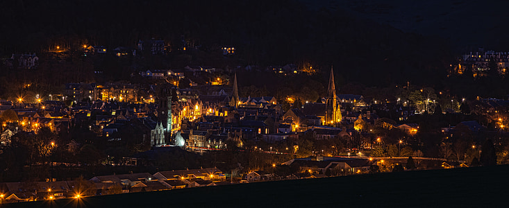 Пийбълс, нощ, град, HDR, Шотландия, динамичен, диапазон