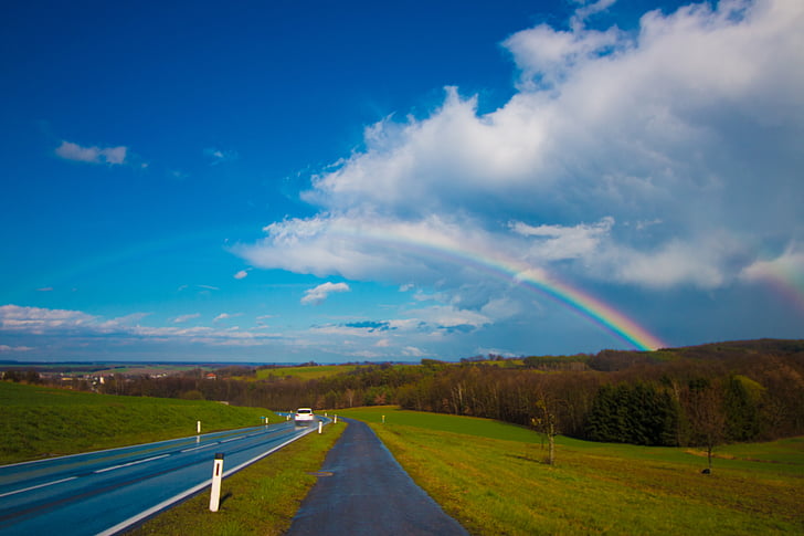 rainbow, blue, sky, nature, paths, roads, streets