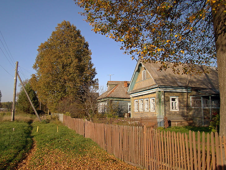 dorp, Cottage, Rusland, hek, oude, boerderij, hout