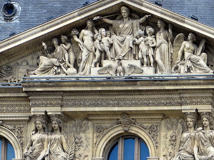 Paris, louvre, gavlen, statuer, Museum, skulpturer, kunst